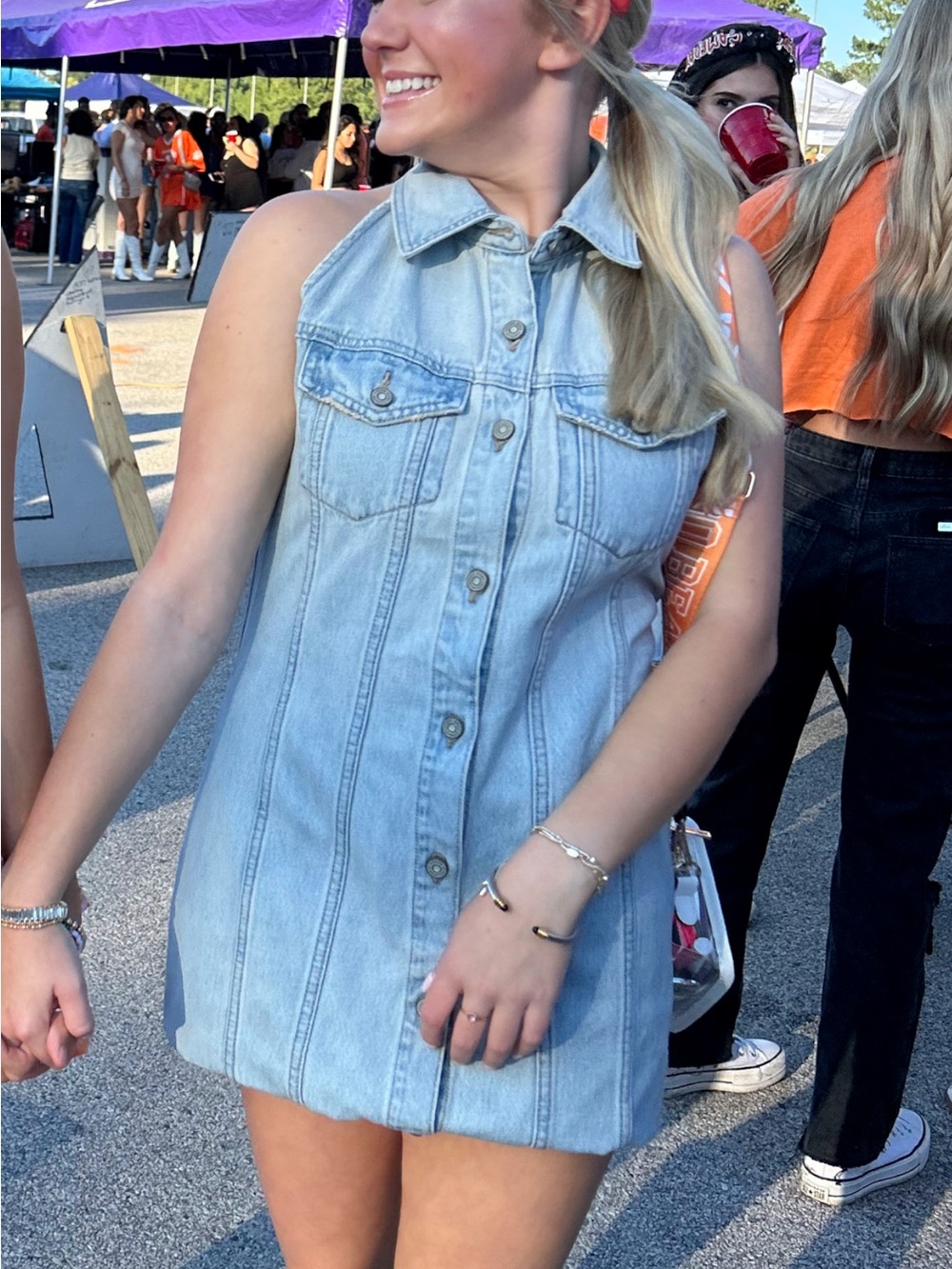 Sleeveless Light Blue Denim Shirt Dress - Casual Button-Front